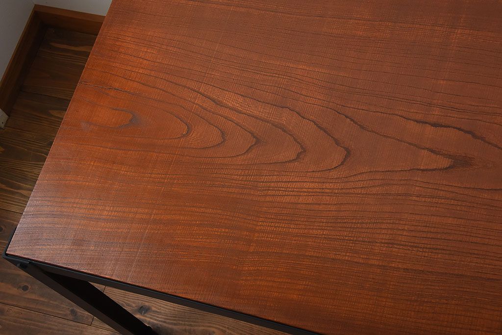 ラフジュ工房オリジナル　天板欅材一枚板の重厚な鉄脚ダイニングテーブル【大】(作業台)
