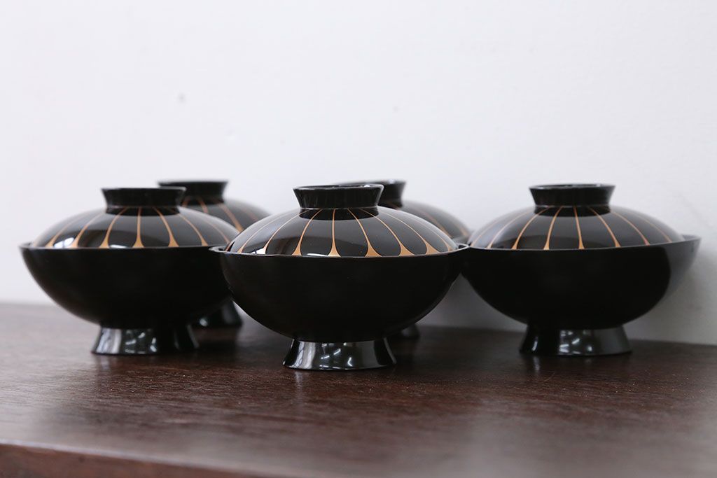 アンティーク雑貨　アンティーク　古い木製菊花椀5客(漆器)
