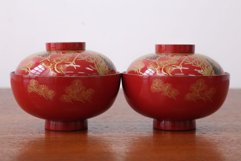 アンティーク雑貨　アンティーク　朱梅松鶴高蒔絵木製椀20客(漆器)