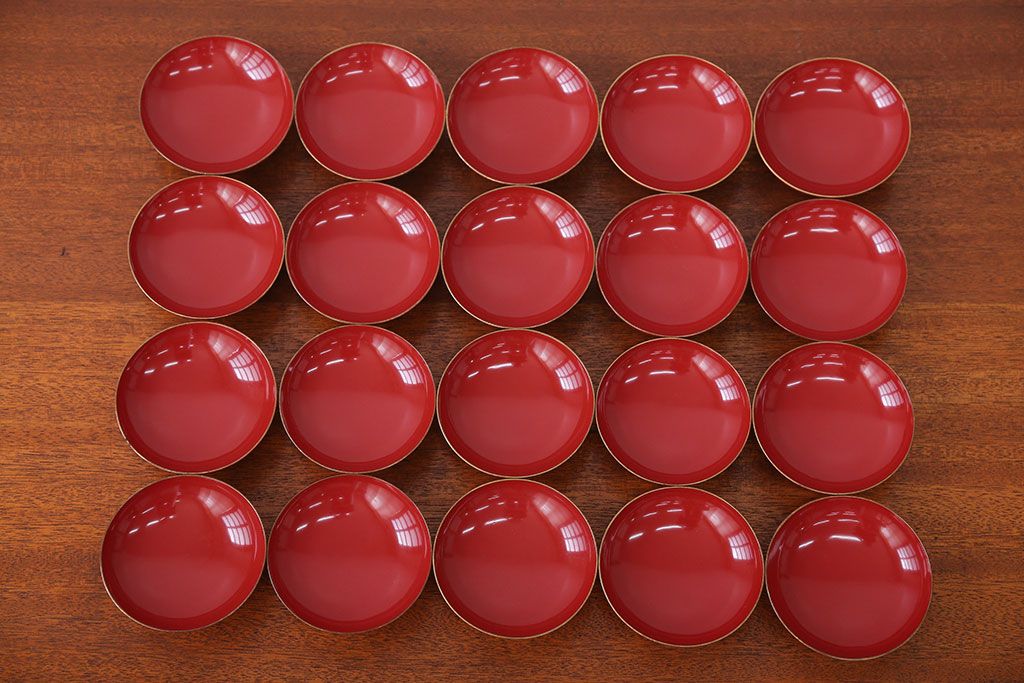 アンティーク雑貨　アンティーク　朱梅松鶴高蒔絵木製椀20客(漆器)