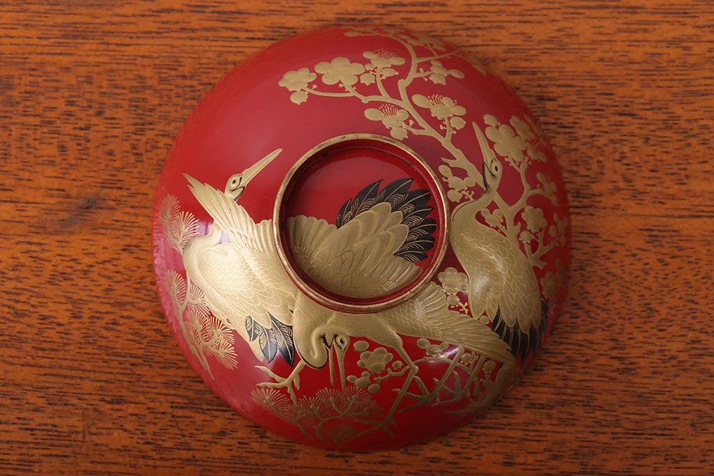 アンティーク雑貨　アンティーク　朱梅松鶴高蒔絵木製椀20客(漆器)