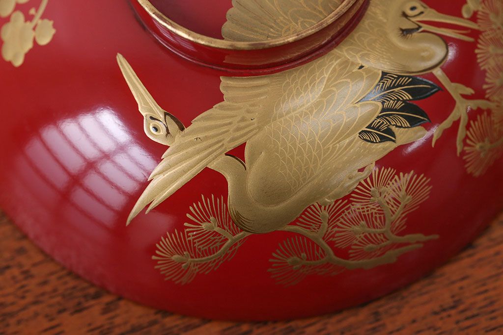 アンティーク雑貨　アンティーク　朱梅松鶴高蒔絵木製椀20客(漆器)
