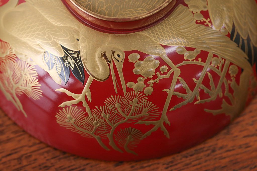 アンティーク雑貨　アンティーク　朱梅松鶴高蒔絵木製椀20客(漆器)