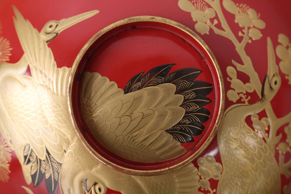 アンティーク雑貨　アンティーク　朱梅松鶴高蒔絵木製椀20客(漆器)