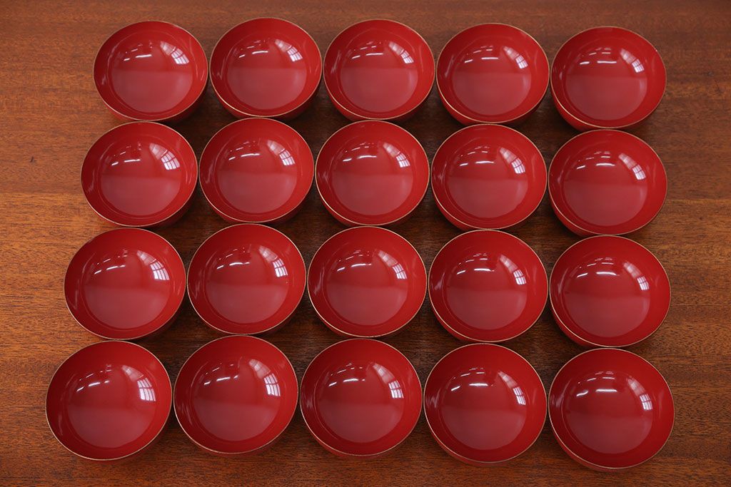 アンティーク雑貨　アンティーク　朱梅松鶴高蒔絵木製椀20客(漆器)
