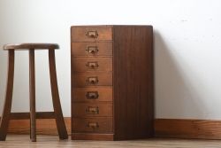 レトロ家具　昭和レトロ　ネームプレート付き!古いナラ材のアンティーク小引き出し
