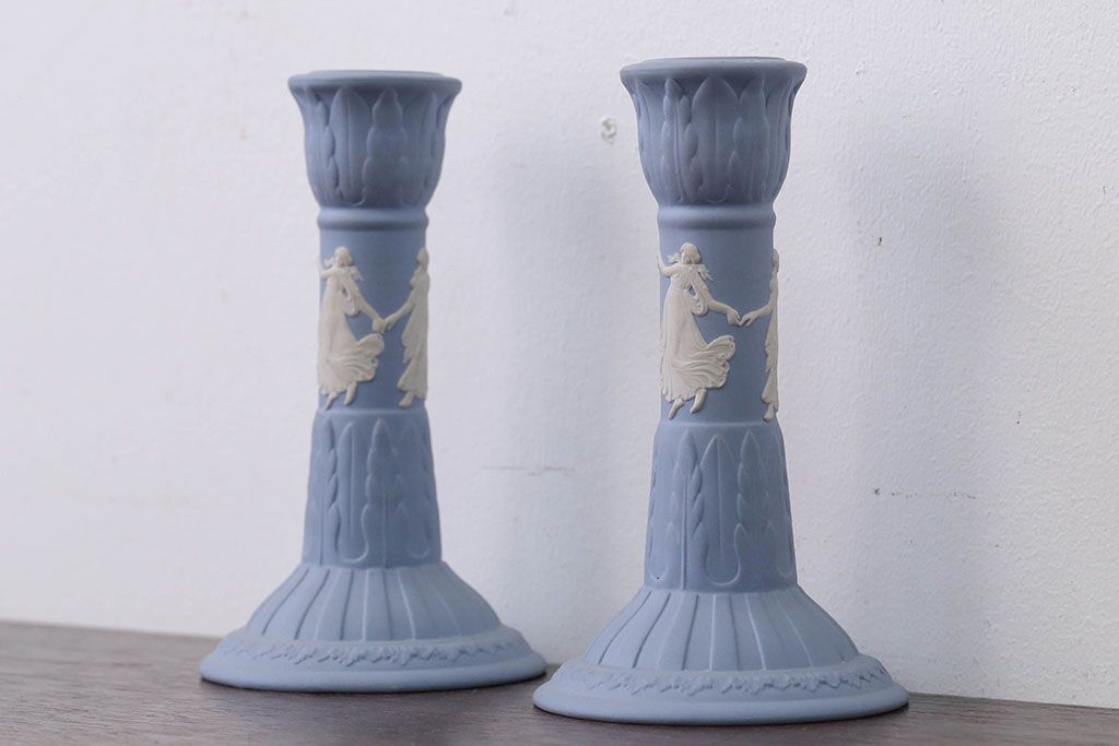 アンティーク雑貨　イギリスアンティーク　Wedgwood(ウェッジウッド)・ジャスパー・キャンドルホルダーペアセット