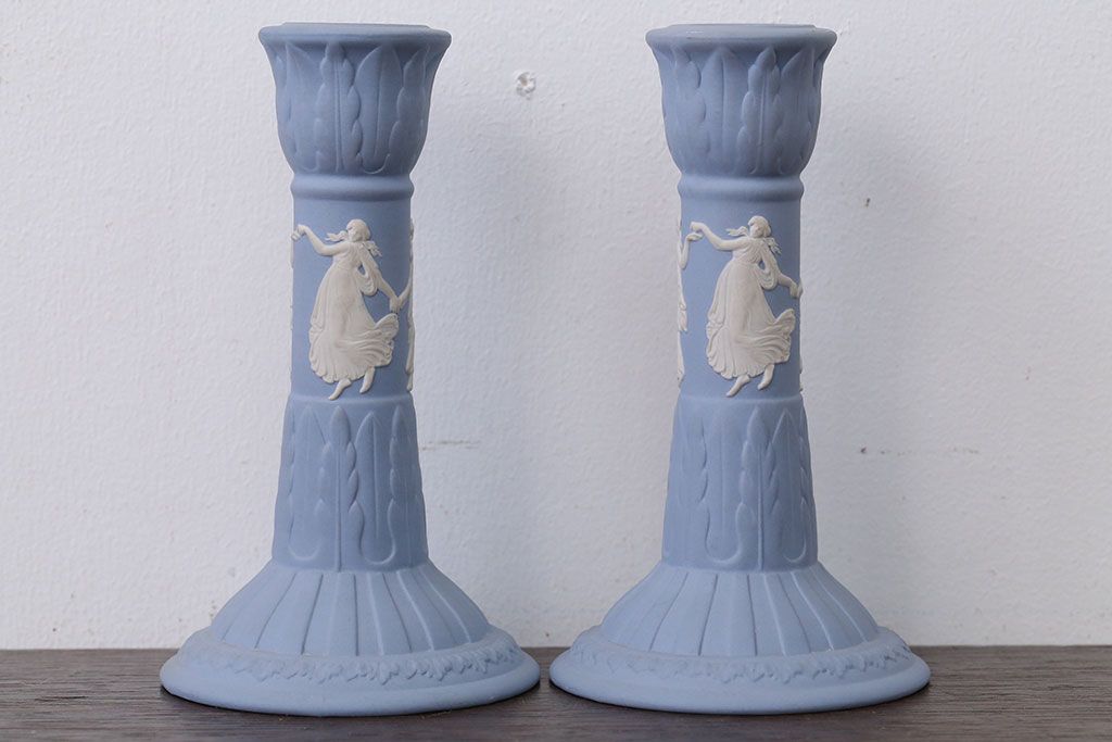 アンティーク雑貨　イギリスアンティーク　Wedgwood(ウェッジウッド)・ジャスパー・キャンドルホルダーペアセット