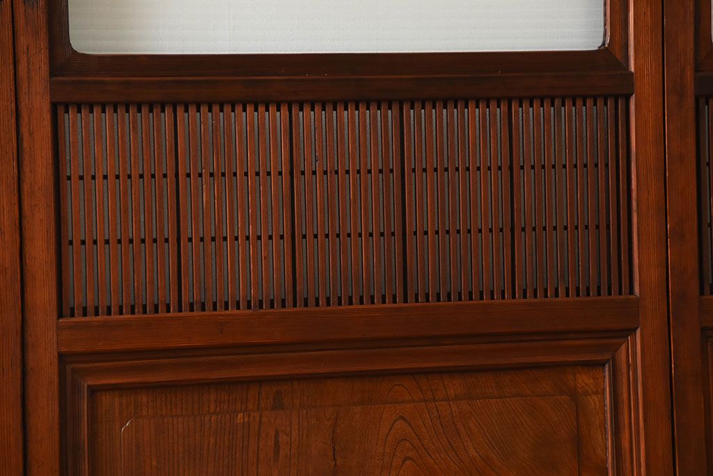 古民具・骨董　モールガラス入り!腰板欅材の裏障子付きアンティーク格子戸4枚セット