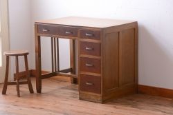 レトロ家具　昭和レトロ　古いナラ材のアンティーク片袖机