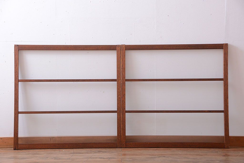 アンティーク　レトロな古い木味のモールガラス入り引き戸2枚セット(窓)(1)