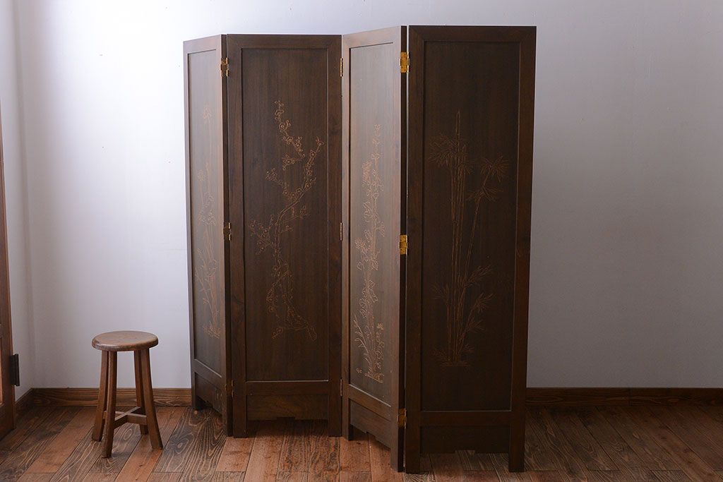 中古　民芸家具　彫刻が魅力的な上質の衝立て(パーテーション)