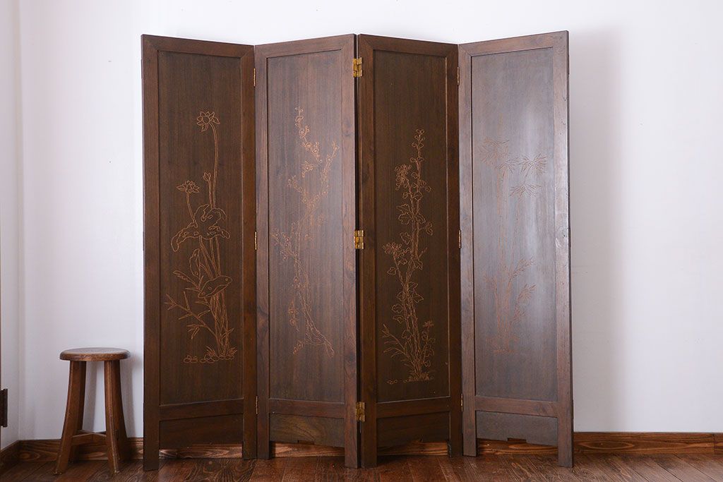 中古　民芸家具　彫刻が魅力的な上質の衝立て(パーテーション)