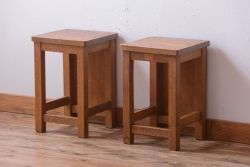 レトロ家具　昭和レトロ　古い学校の木製角スツール2脚セット(3)