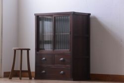 アンティーク家具　古民具・骨董　引き出し3杯付き!モールガラス入り引き戸収納棚