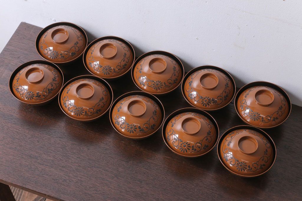 アンティーク雑貨　大正四年　蒔絵の美しい木製お椀10客(漆器)