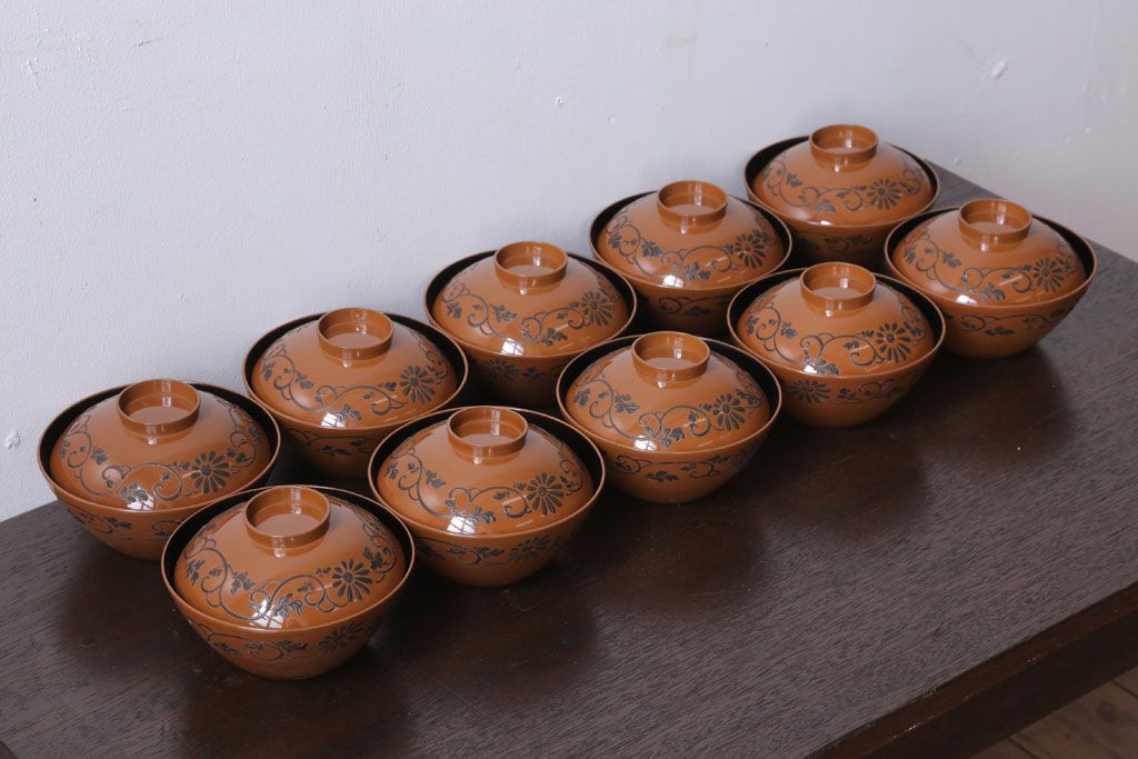 アンティーク雑貨　大正四年　蒔絵の美しい木製お椀10客(漆器)