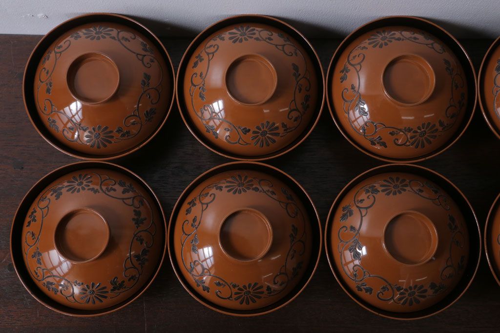 アンティーク雑貨　大正四年　蒔絵の美しい木製お椀10客(漆器)