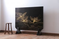 アンティーク雑貨　高級品　輪島塗沈金作家川端光峰作　鶴沈金蒔絵衝立(定価約200万円)