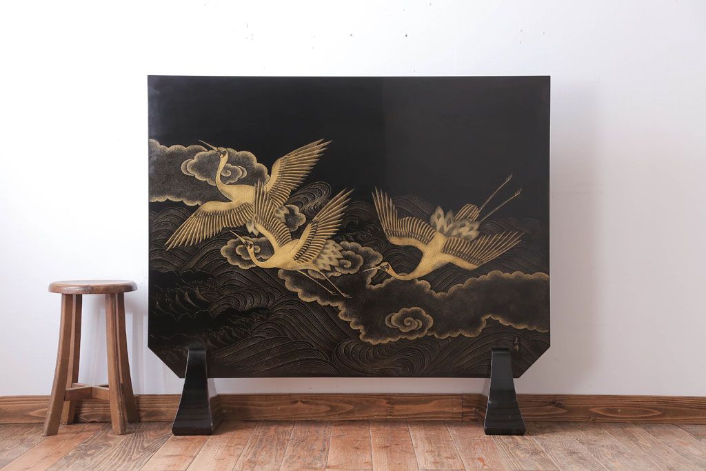 アンティーク雑貨 高級品 輪島塗沈金作家川端光峰作 鶴沈金蒔絵衝立 アンティーク雑貨 高級品 輪島塗沈金作家川端光峰作 鶴沈金蒔絵衝立