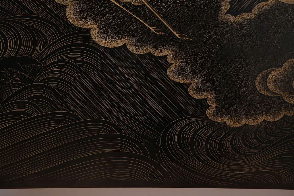 アンティーク雑貨　高級品　輪島塗沈金作家川端光峰作　鶴沈金蒔絵衝立(定価約200万円)