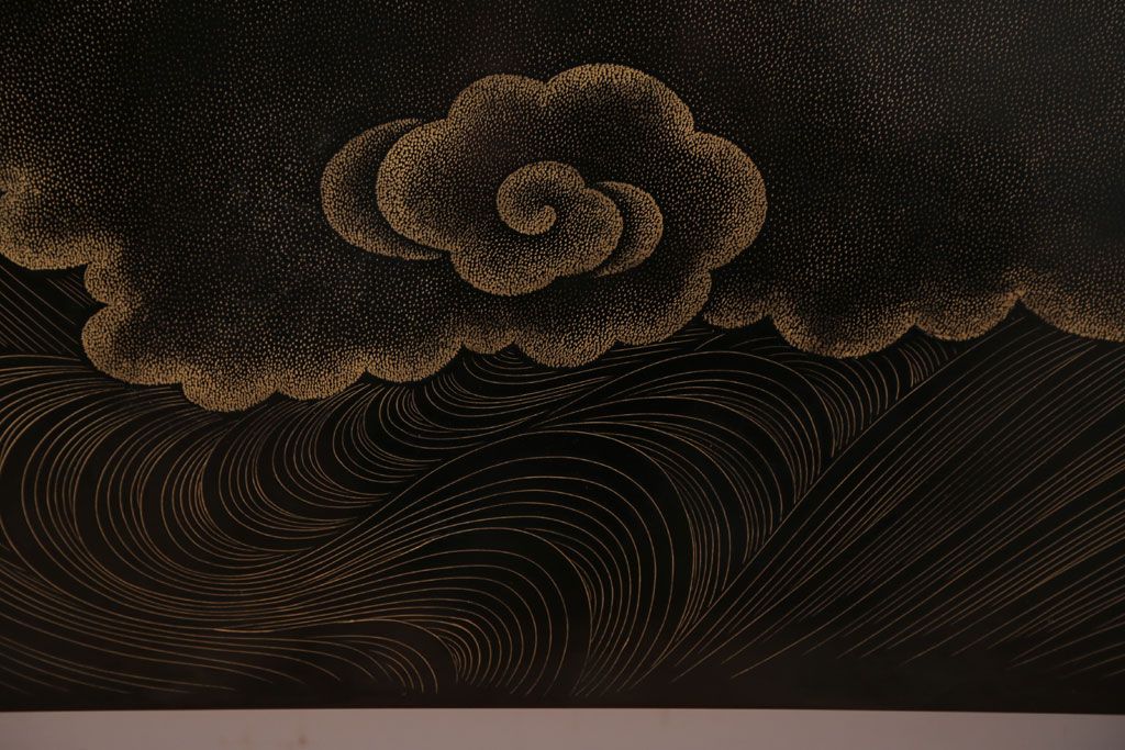 アンティーク雑貨 高級品 輪島塗沈金作家川端光峰作 鶴沈金蒔絵衝立 