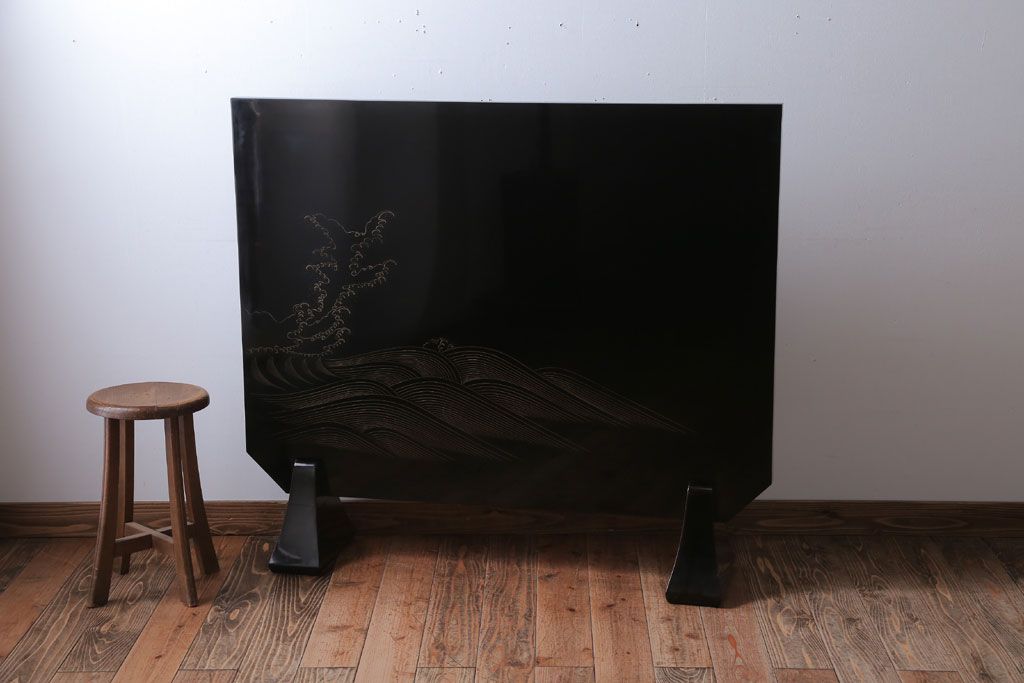 アンティーク雑貨　高級品　輪島塗沈金作家川端光峰作　鶴沈金蒔絵衝立(定価約200万円)