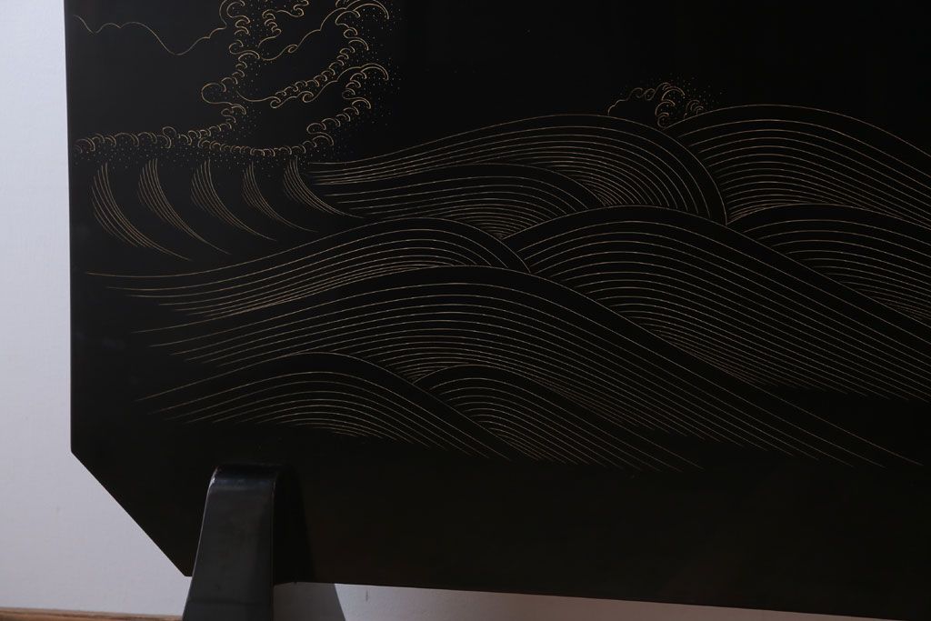 アンティーク雑貨　高級品　輪島塗沈金作家川端光峰作　鶴沈金蒔絵衝立(定価約200万円)