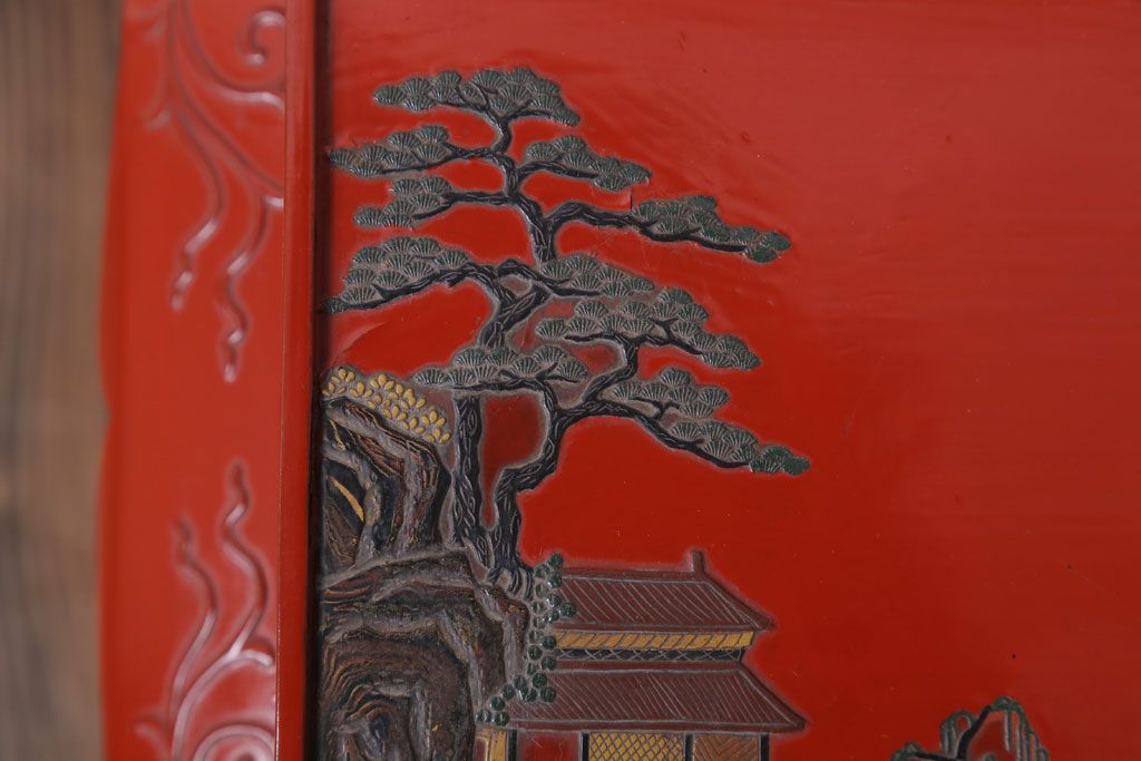 アンティーク雑貨 中国?古い朱漆木製花台(彫刻・堆朱・蒔絵