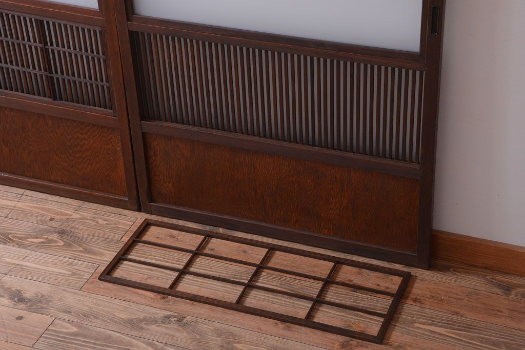  和製アンティーク　裏障子付き!すりガラス帯の格子戸2枚セット