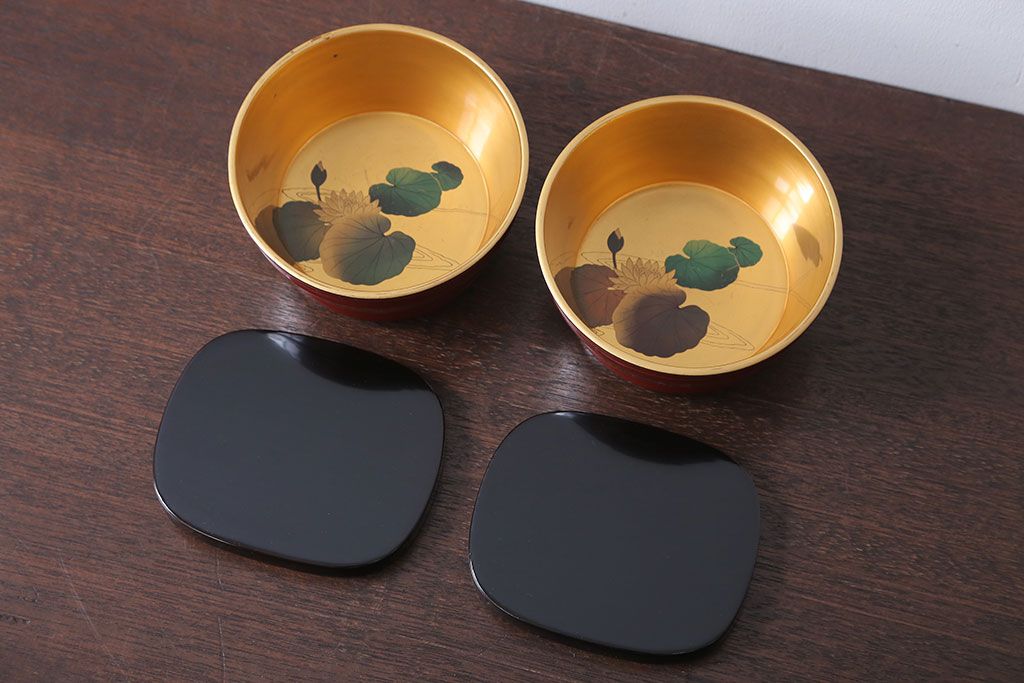 アンティーク 大正〜昭和初期!蓮の花の図 輪島塗木製蒔絵盃洗