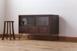 レトロ家具　昭和レトロ　気泡ガラス入り!アンティーク鉄脚ローボード