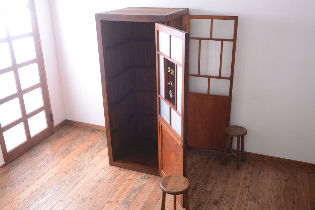 アンティーク雑貨　和製アンティーク　前面欅材!すりガラス入りの古い電話ボックス