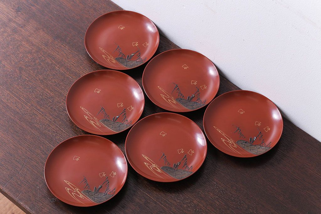 アンティーク雑貨　アンティーク　大正〜昭和初期!千鳥の図　木製蒔絵皿6枚(漆器)