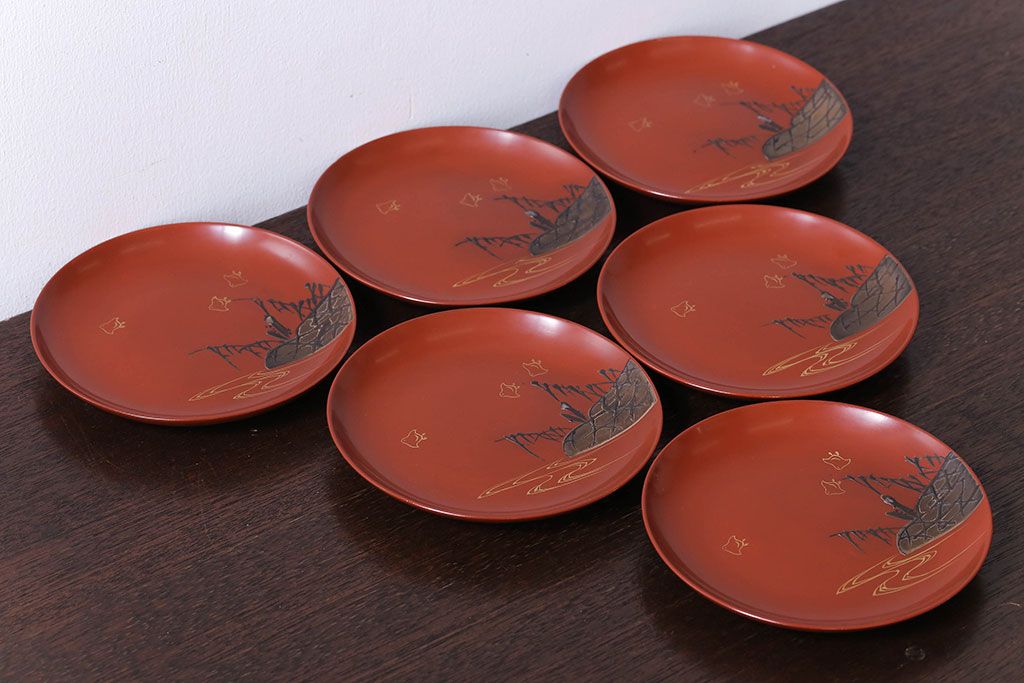 アンティーク雑貨　アンティーク　大正〜昭和初期!千鳥の図　木製蒔絵皿6枚(漆器)