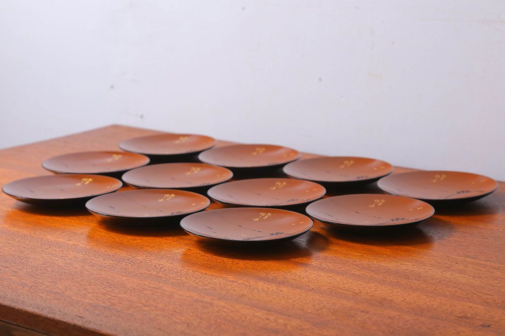 アンティーク　大正〜昭和初期!沈金蒔絵木製皿11枚(漆器)
