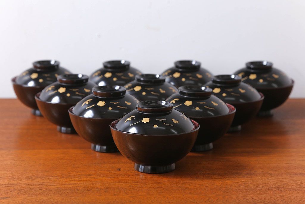 アンティーク雑貨　アンティーク　昭和初期　蒔絵木製椀10客(漆器)(1)