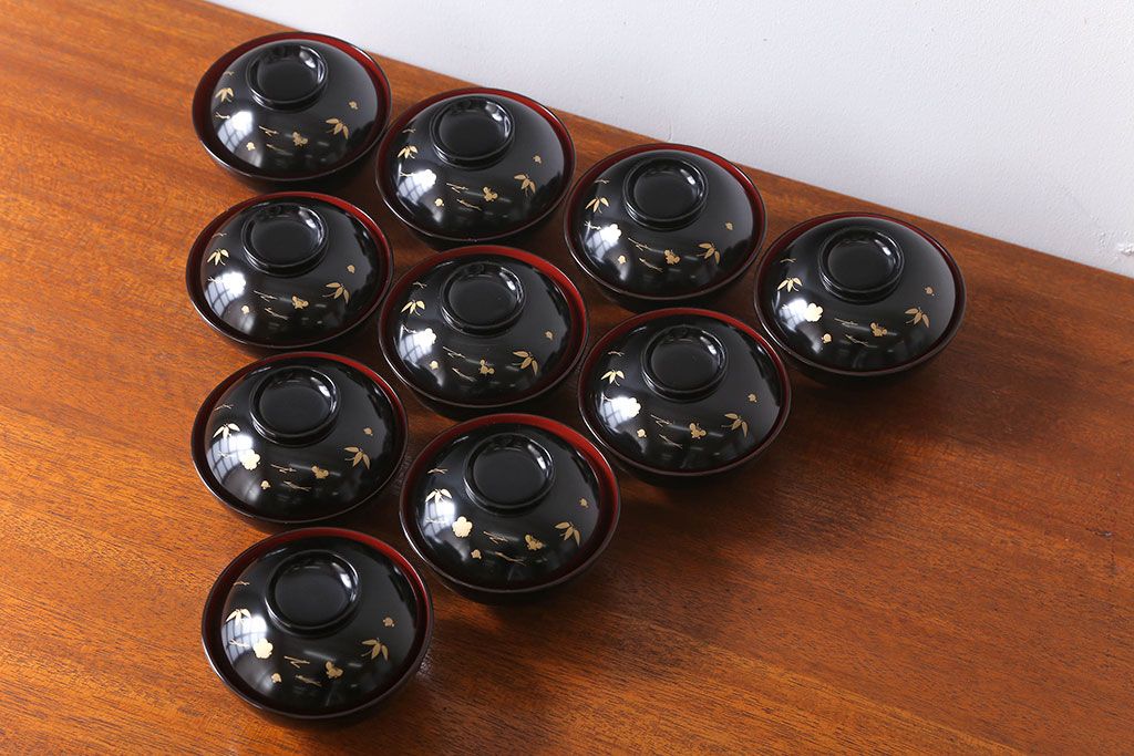 アンティーク雑貨　アンティーク　昭和初期　蒔絵木製椀10客(漆器)(1)