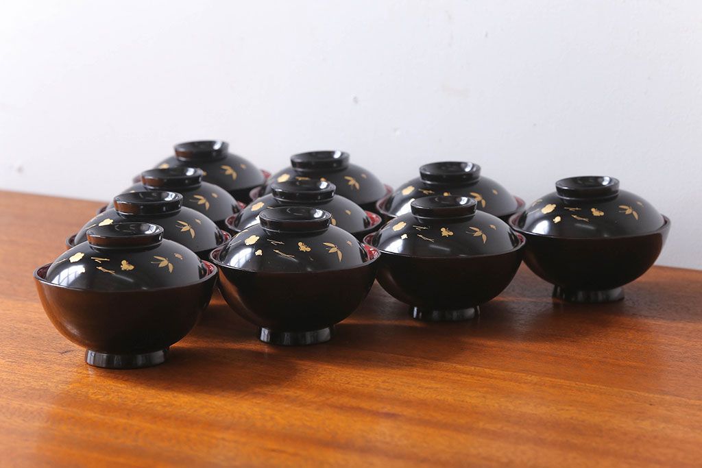 アンティーク雑貨　アンティーク　昭和初期　蒔絵木製椀10客(漆器)(1)