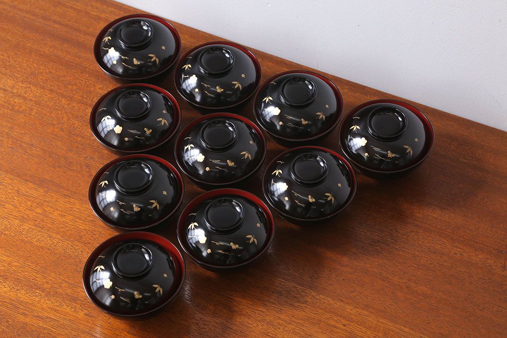 アンティーク雑貨　アンティーク　昭和初期!蒔絵木製椀10客(漆器)(2)