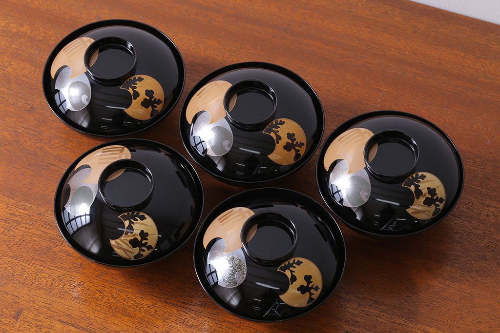 アンティーク雑貨　和製アンティーク　大正〜昭和初期　輪島塗木製蒔絵椀5客(3)