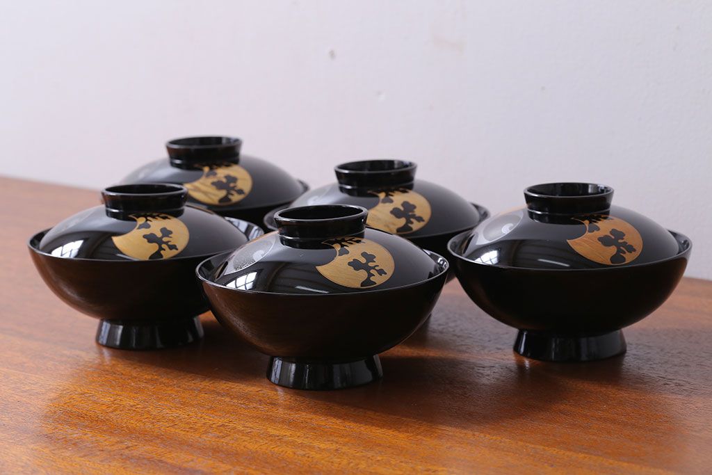 アンティーク雑貨　和製アンティーク　大正〜昭和初期　輪島塗木製蒔絵椀5客(4)