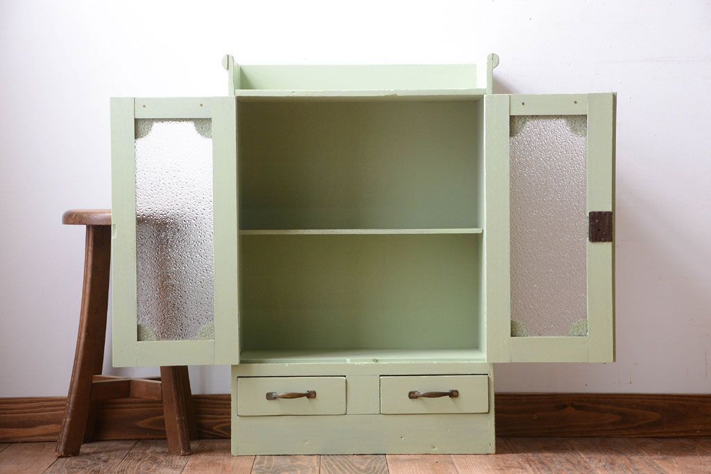 アンティーク家具　アンティークペイント　ダイヤガラス入りの小さな本箱(ブックケース)