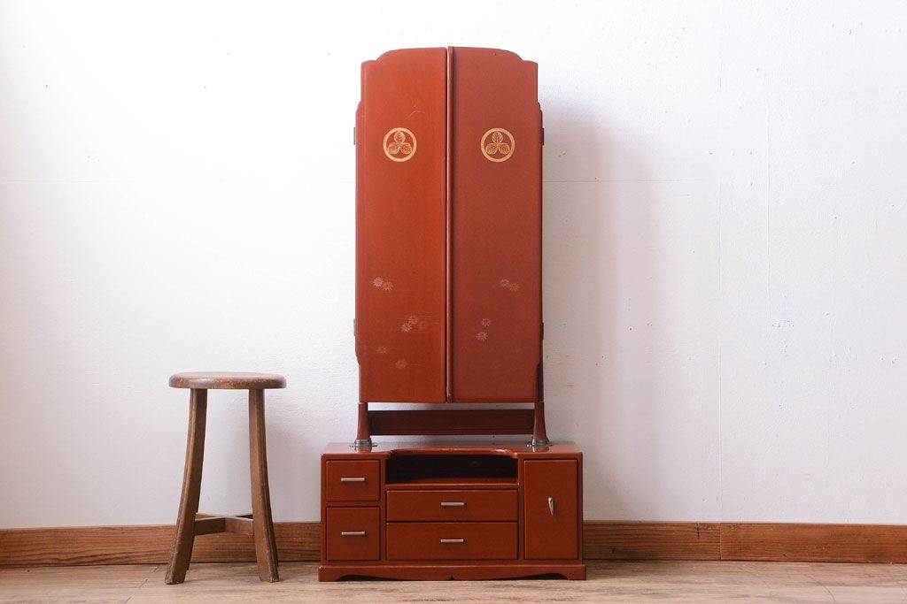 アンティーク家具　古民具・骨董　大正〜昭和期　高級品!朱漆塗が美しいアンティーク沈金鏡台