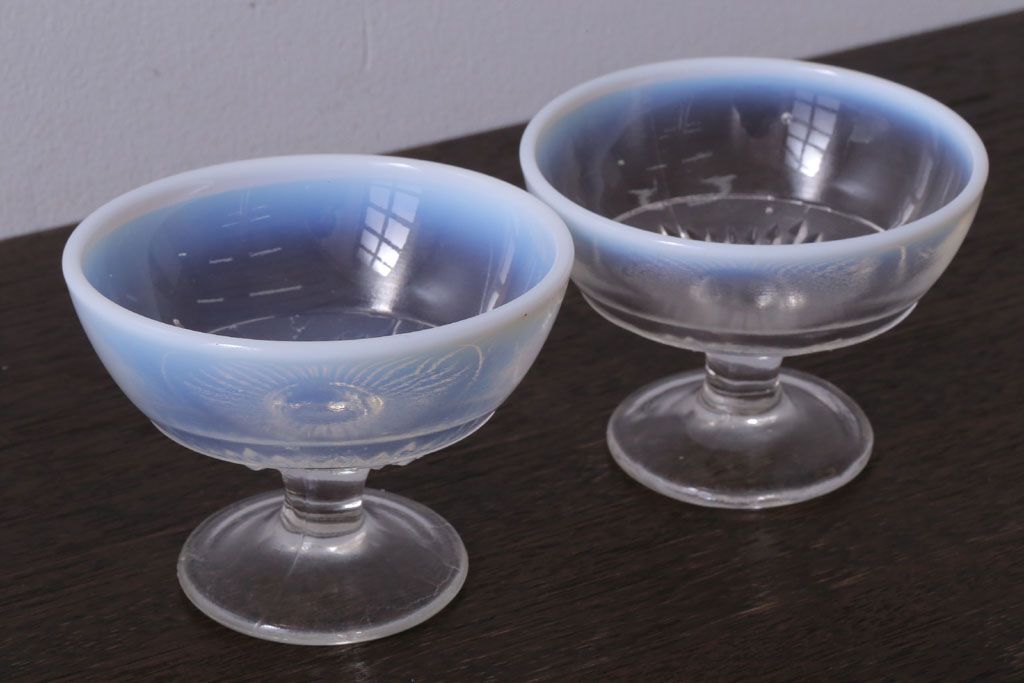 アンティーク雑貨 昭和レトロ 乳白色縁の氷コップ2個セット(プレスガラス)(2) | ラフジュ工房