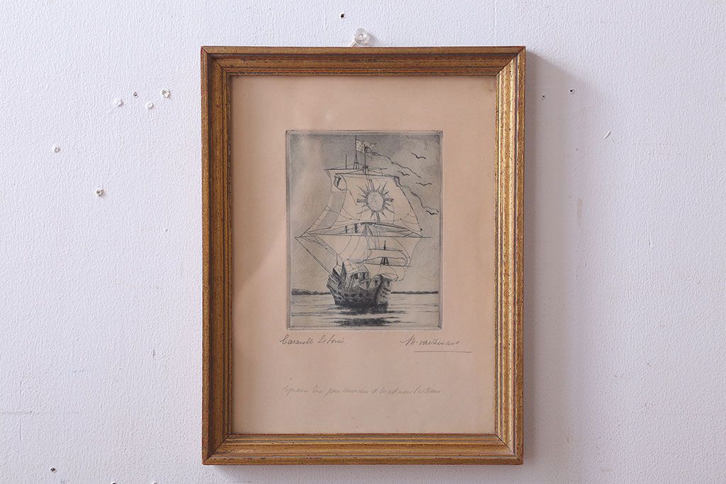 アンティーク雑貨　イギリスビンテージ　壁掛け絵画　フレーム(船)