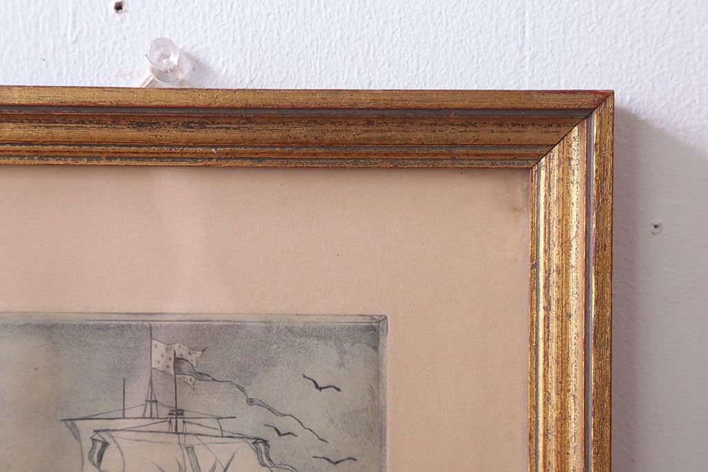 アンティーク雑貨　イギリスビンテージ　壁掛け絵画　フレーム(船)