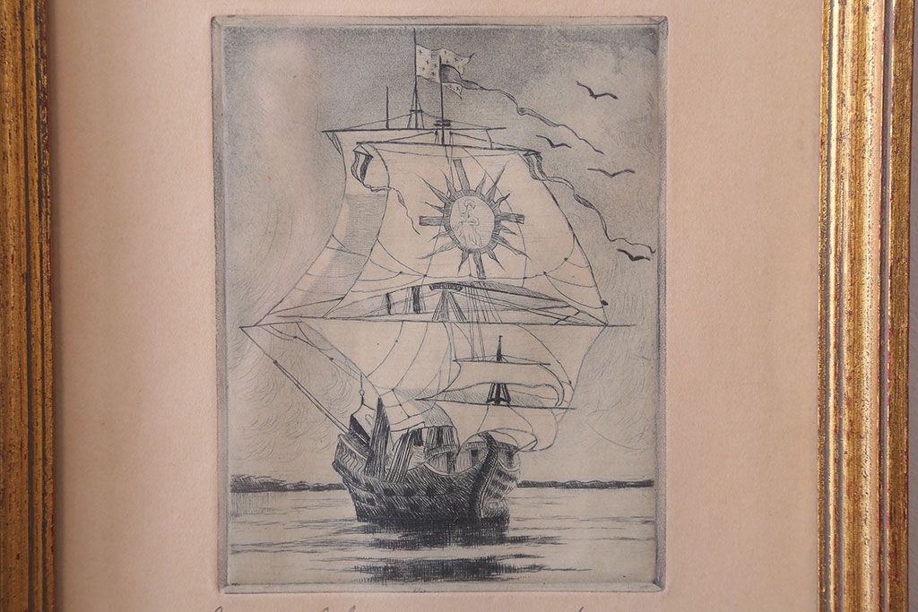 アンティーク雑貨　イギリスビンテージ　壁掛け絵画　フレーム(船)