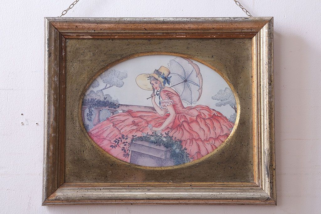アンティーク雑貨　イギリスビンテージ　壁掛け絵画　フレーム(赤いドレスの女性)