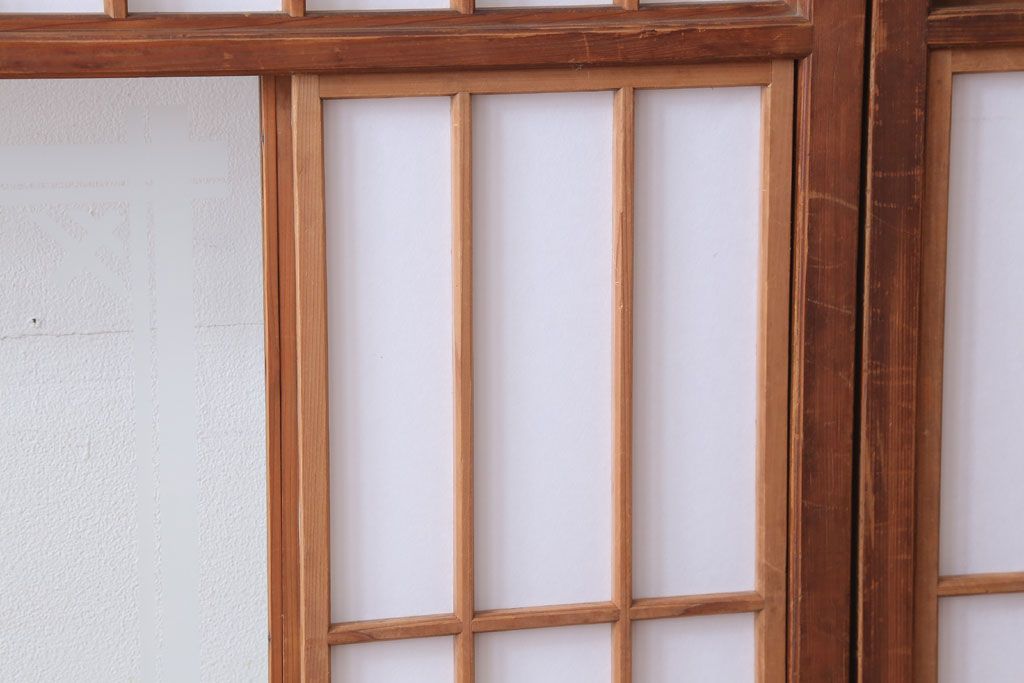 和製アンティーク　腰板黒柿材!デザインガラス入りの古い雪見障子戸2枚セット(1)